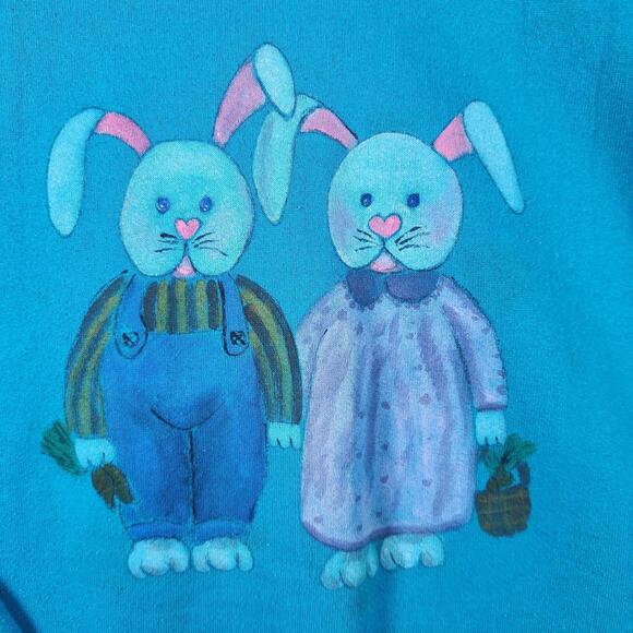 Vtg Russell Athletic XL Made USA Sweatshirt Bunny Print Teal‎ Crew Pullover - Picture 3 of 11